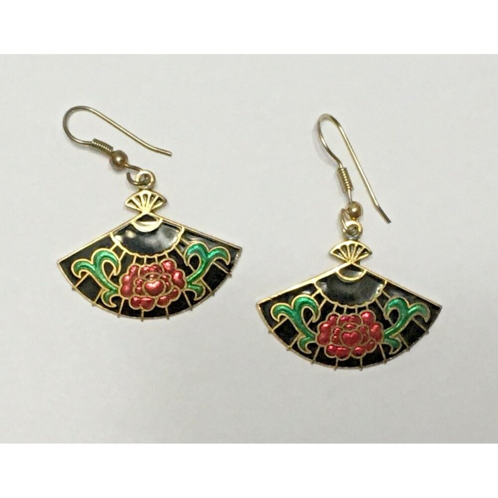 Vintage Cloisonne Fan Shape Dangle Hook Earrings Asian Inspired